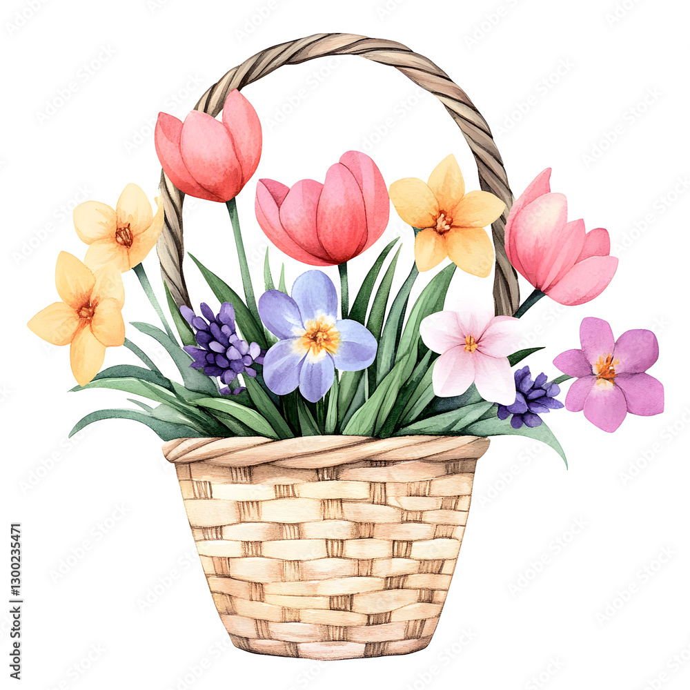 Obraz premium vibrant watercolor basket filled with spring flowers like tulips and daffodils, evoking cheerful and fresh atmosphere