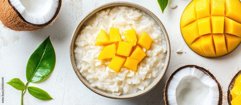 Creamy coconut rice with fresh mango. Creamy coconut rice with fresh mango.