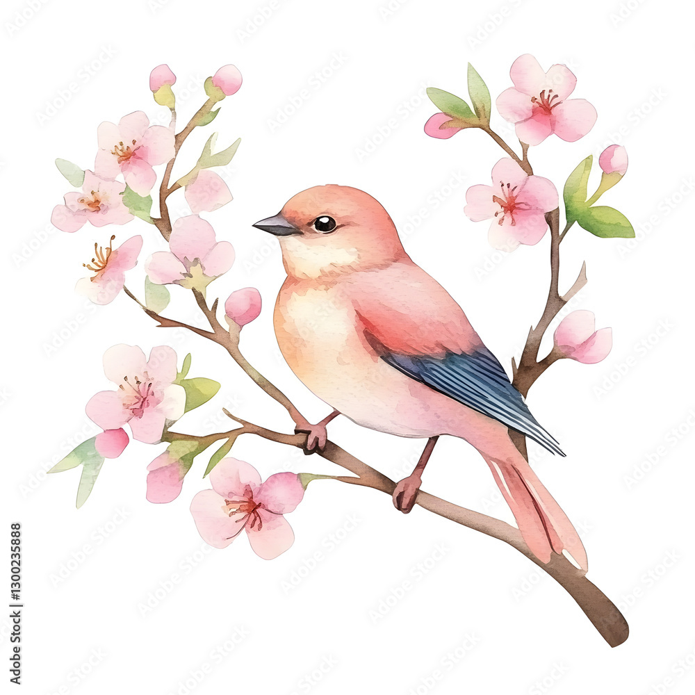 Fototapeta premium watercolor illustration of bird perched on branch with pink blossoms, evoking serene spring atmosphere