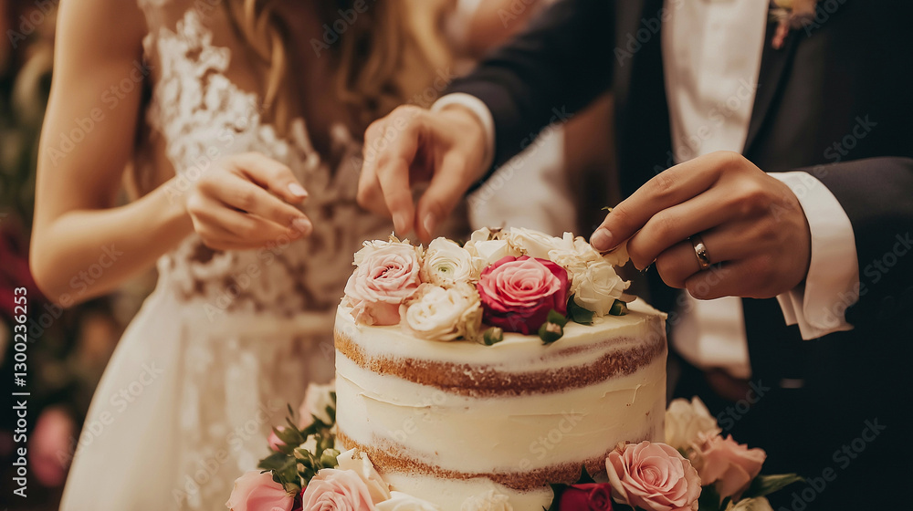 Bride and groom cutting elegant tiered wedding cake decorated with pink flowers at their wedding reception banquet, celebrating their new life together Bride and groom cutting elegant tiered wedding cake decorated with pink flowers at their wedding reception banquet, celebrating their new life together