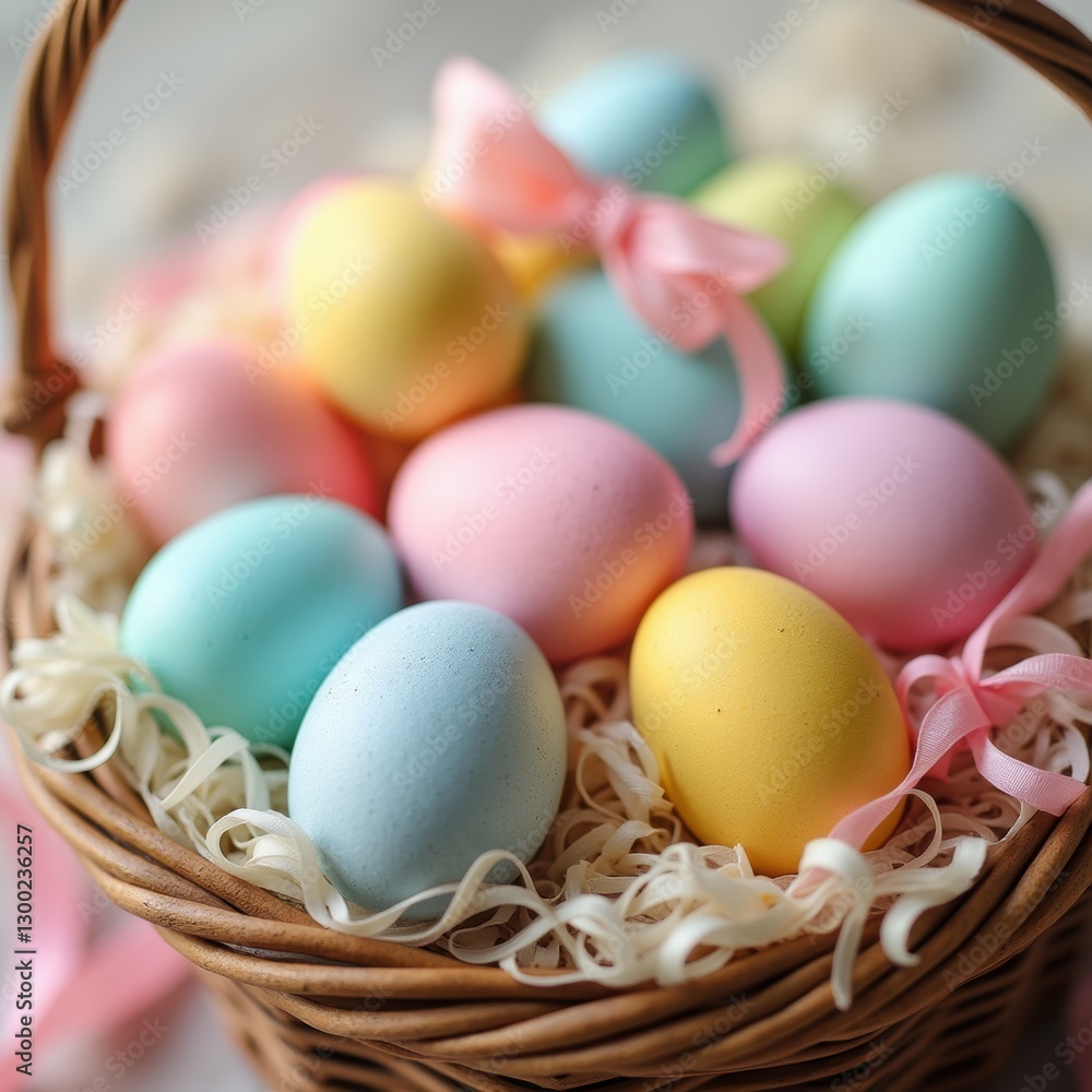 Obraz premium Easter basket filled with colorful eggs and pastel ribbons, creating a soft and cheerful spring holiday scene.