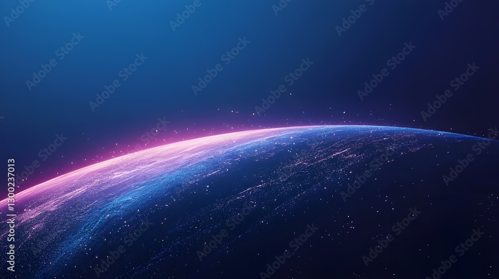Fototapeta premium A view of a planet's horizon from space, with a glowing pink and blue atmosphere against a dark, starry background.