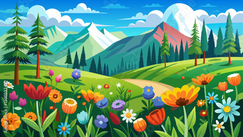 flowers on hillside meadow with forest in mountain
