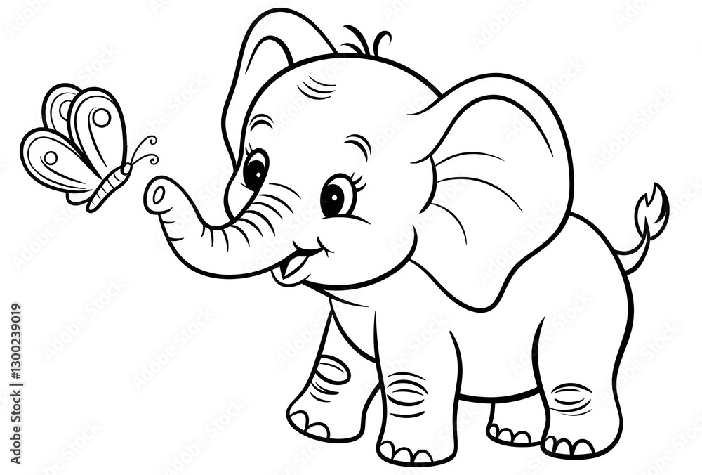 Fototapeta premium Kids' coloring page of a baby elephant with a butterfly for early learners, kids' activity books, and animal-themed coloring fun pages.