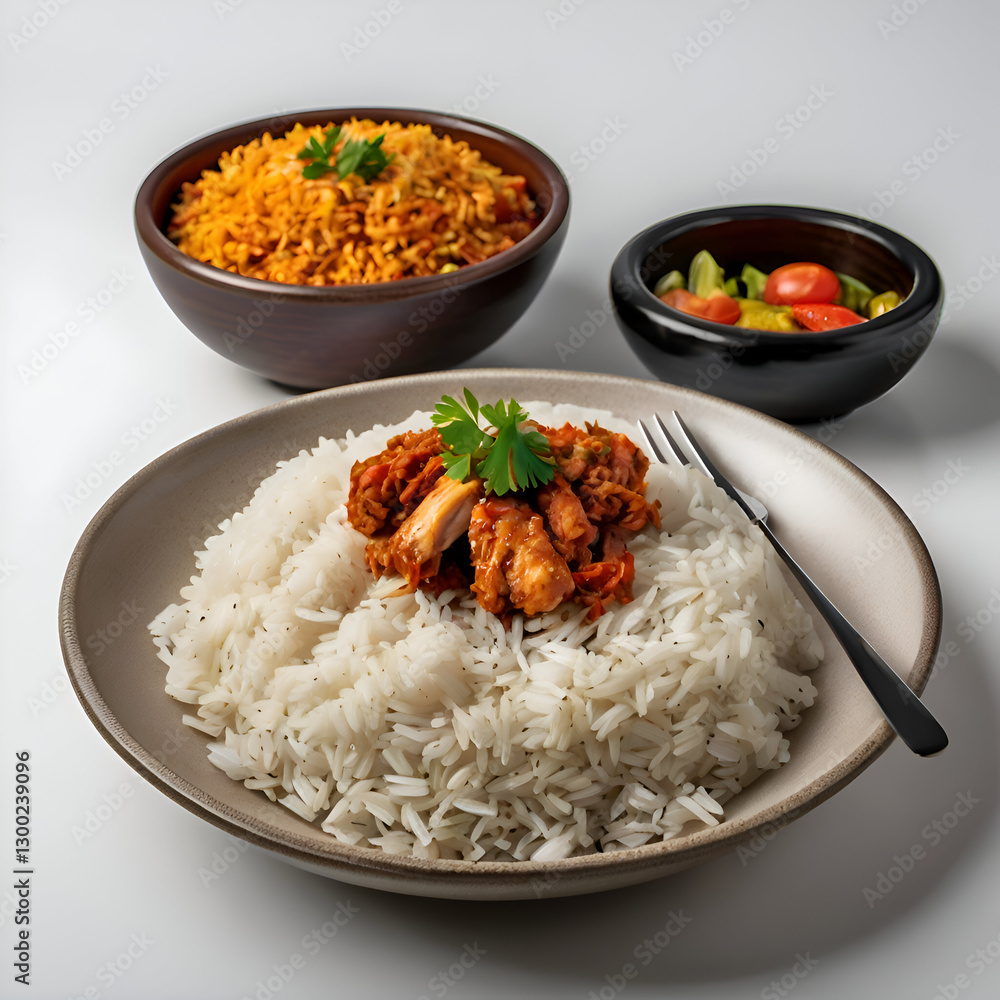 rice with vegetables, food dish menu contains jollof chicken and white rice with mixed vegetables, isolated on white background rice with vegetables, food dish menu contains jollof chicken and white rice with mixed vegetables, isolated on white background