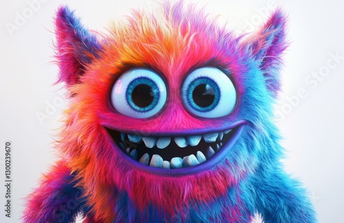 A cartoon character of an animal with large eyes and teeth, smiling at the camera. The creature has long fur in blue hues with purple ears, a red nose, yellow pupils, and pink lips. It is depicted in 
