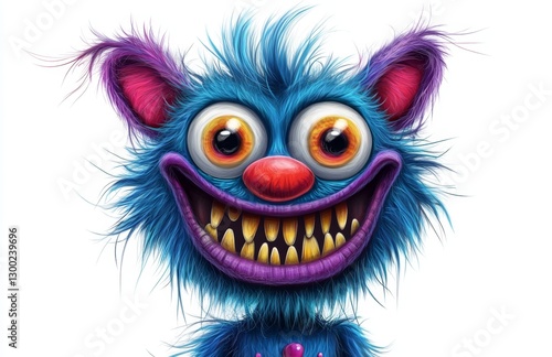 A cartoon character of an animal with large eyes and teeth, smiling at the camera. The creature has long fur in blue hues with purple ears, a red nose, yellow pupils, and pink lips. It is depicted in 