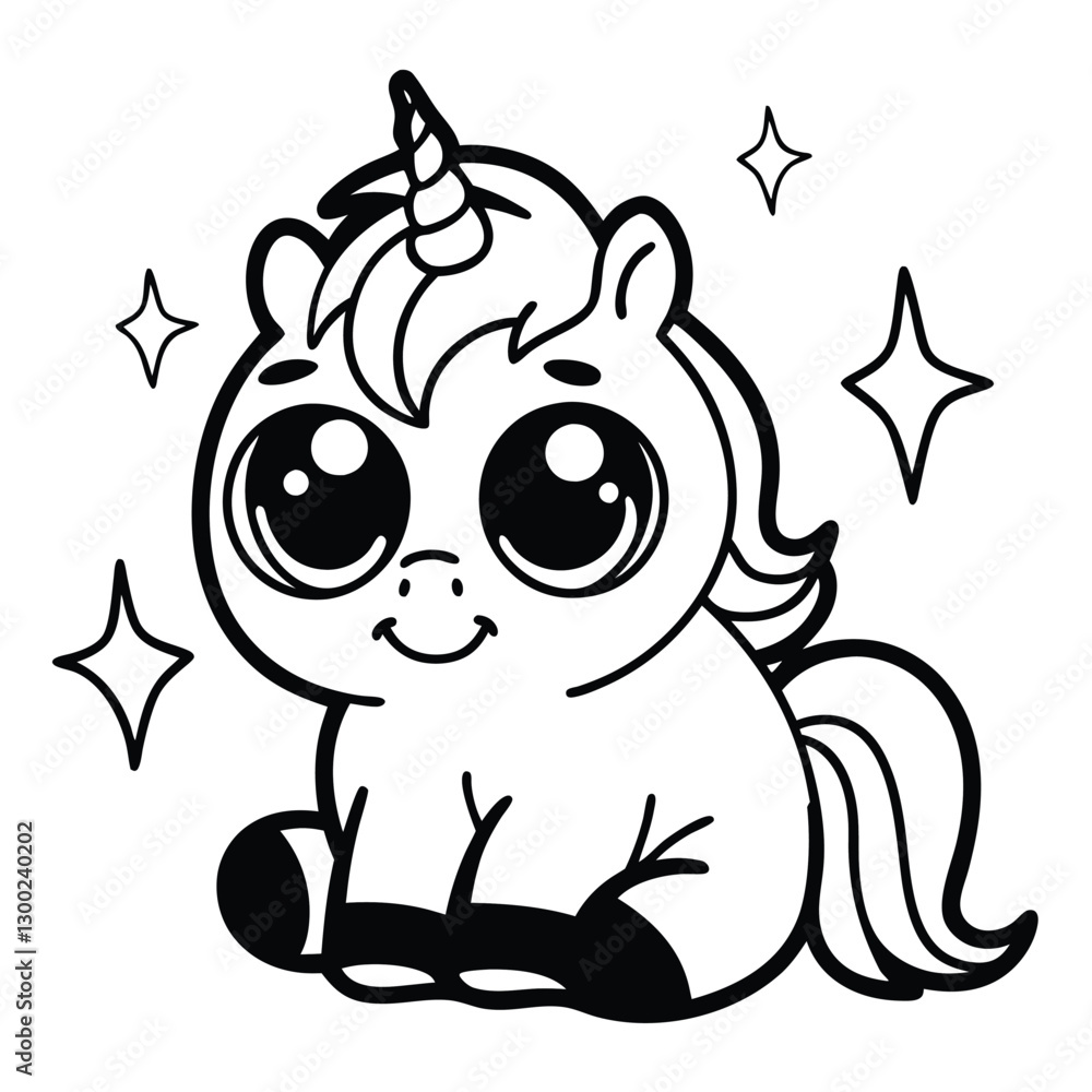 Cute Unicorn Character with Big Eyes and Sparkles in Whimsical Style. Cute Unicorn Character with Big Eyes and Sparkles in Whimsical Style.