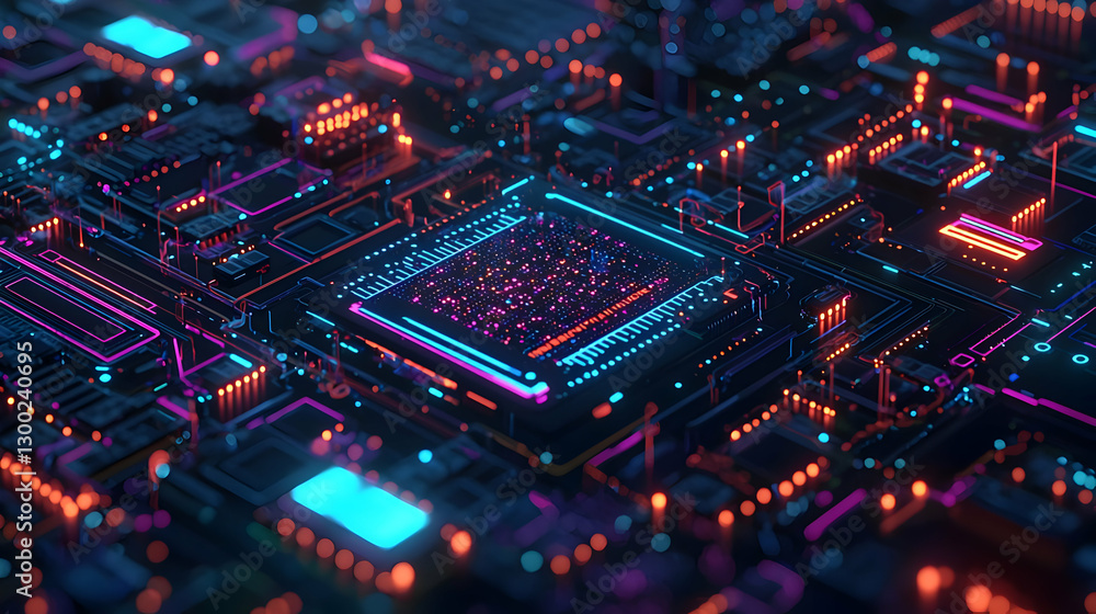 Abstract Digital Circuit Board with Glowing Neon Lights Abstract Digital Circuit Board with Glowing Neon Lights