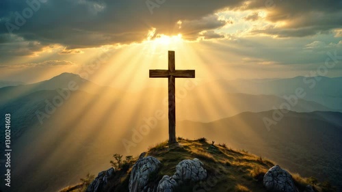 Large wooden cross standing on a rocky mountain summit, glowing in warm golden light. Vast sky filled with dramatic clouds, sunbeams shining through. Serene, spiritual, inspirational religious landsca