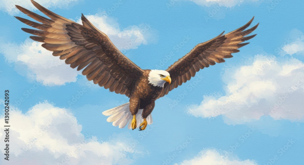 Obraz premium Majestic bald eagle soaring in a clear blue sky with white clouds