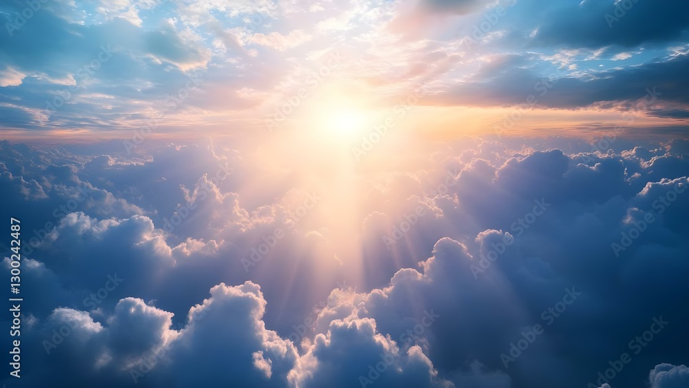 A beautiful sky filled with fluffy clouds and a bright sun illuminating the scene, creating a serene atmosphere. Concept Serene Sky, Fluffy Clouds, Bright Sunlight, Peaceful Atmosphere
