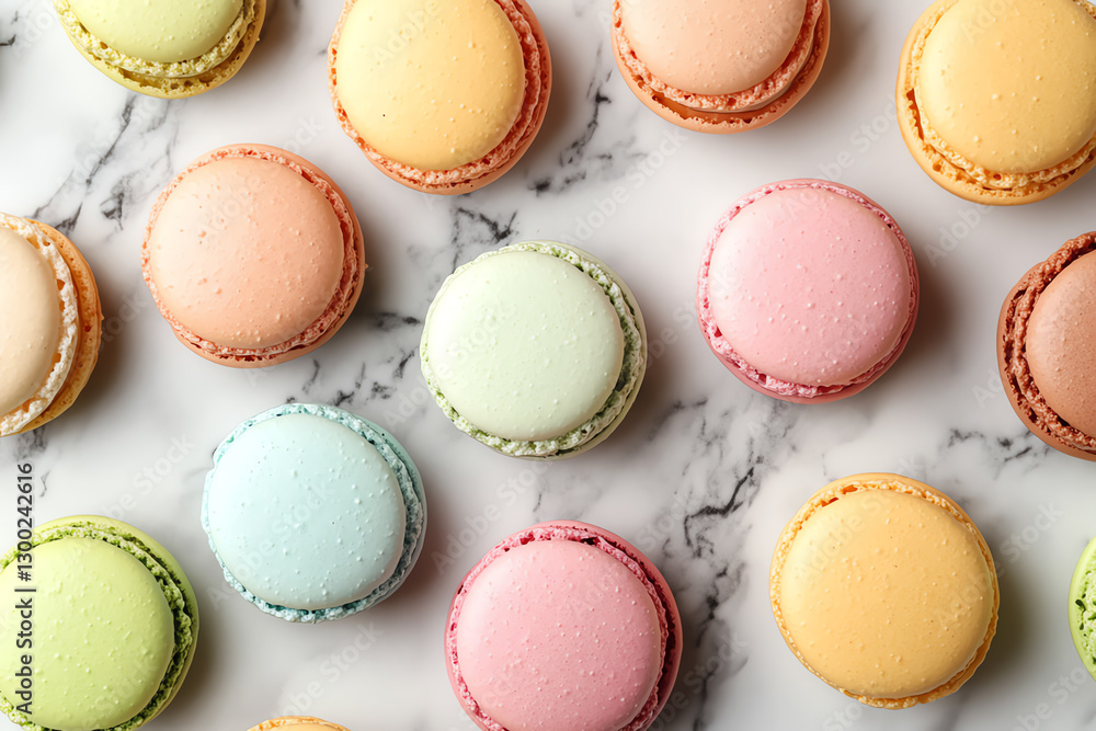 Colorful macarons arranged on a marble surface, perfect for dessert lovers. Colorful macarons arranged on a marble surface, perfect for dessert lovers.
