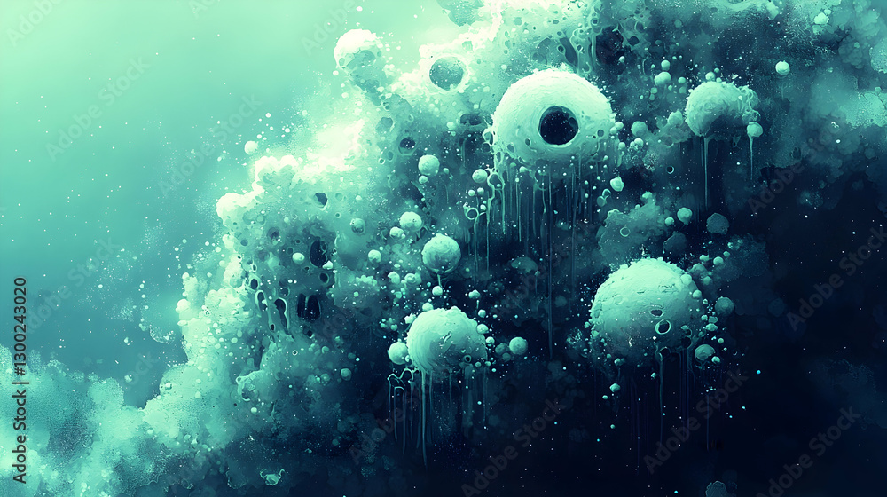 Abstract underwater turquoise spheres, glowing, organic forms, deep ocean background, digital art, science fiction concept Abstract underwater turquoise spheres, glowing, organic forms, deep ocean background, digital art, science fiction concept