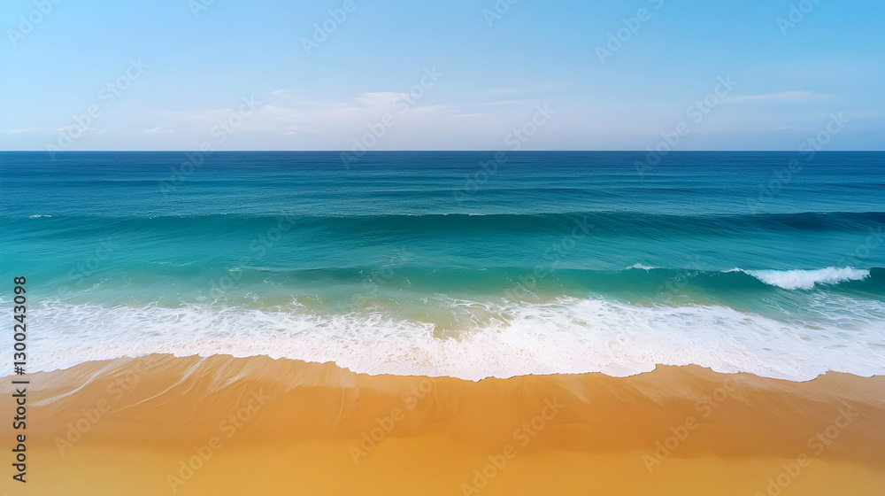 Aerial View of Blue Ocean Waves Crashing onto Sandy Beach Under Clear Sky