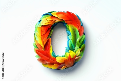 Letter O designed with parrot fur isolated on white background
