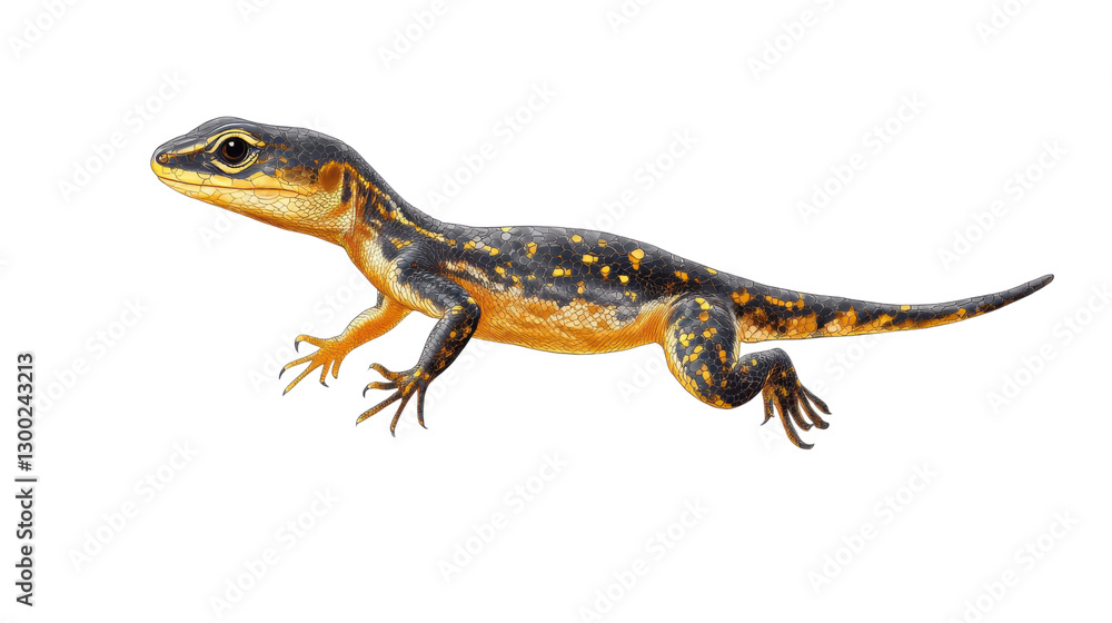Naklejka premium A small, delicate lizard with bright yellow and black markings, running swiftly across the ground, isolated on a transparent background.