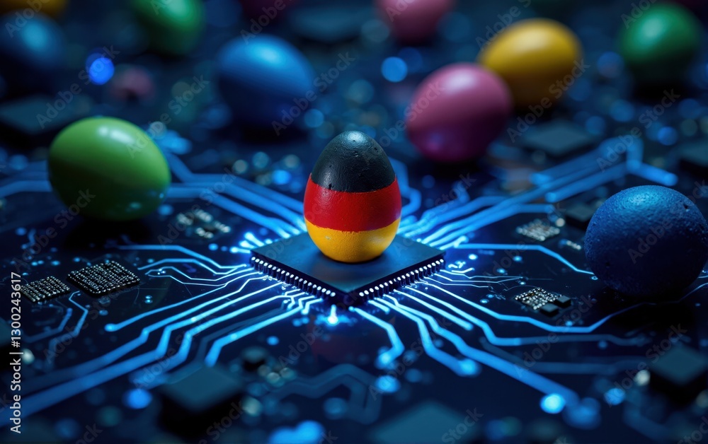 German-Flag Egg on Computer Processor Chip with Circuit Board and Easter Eggs German-Flag Egg on Computer Processor Chip with Circuit Board and Easter Eggs