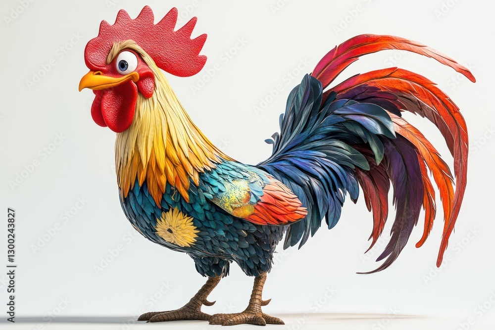 Fototapeta premium Colorful rooster standing on a plain background, used for kids books and animations