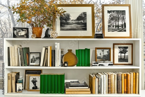 Elegant Bookshelf Display With Framed Art And Greenery Creating A Warm Atmosphere For Engaging Zoom Meetings