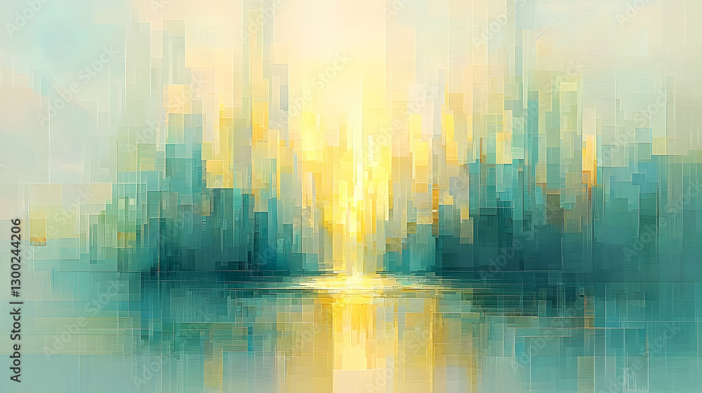 Obraz premium Sunrise cityscape abstract painting, reflective water, urban skyline, peaceful morning, website banner