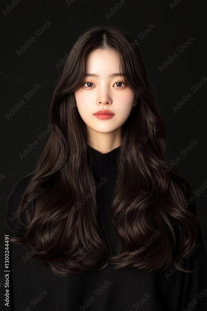 Fototapeta premium Young Woman with Long Wavy Dark Hair in a Sweater