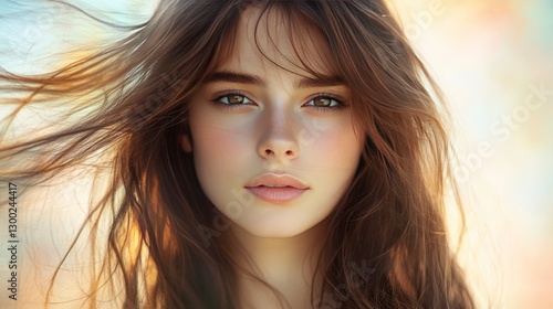 Portrait of a beautiful young woman with flowing hair in soft sunlight