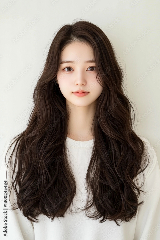 Young Woman with Long Wavy Dark Hair in a Sweater Young Woman with Long Wavy Dark Hair in a Sweater