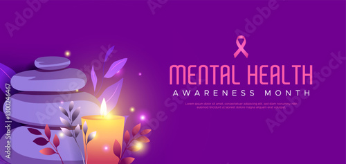 Celebrating Mental Health Awareness Month, May. The design features stacked stone elements as well as candles and plants surrounding it, a therapeutic visual concept. keep your mental health