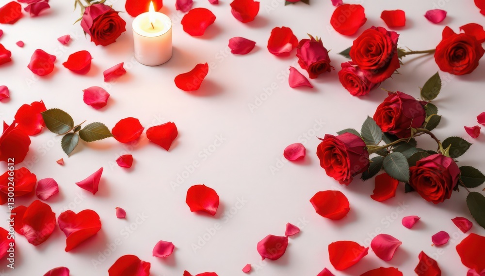 Romantic Red Roses and Petals with Candle on White Background Romantic Red Roses and Petals with Candle on White Background