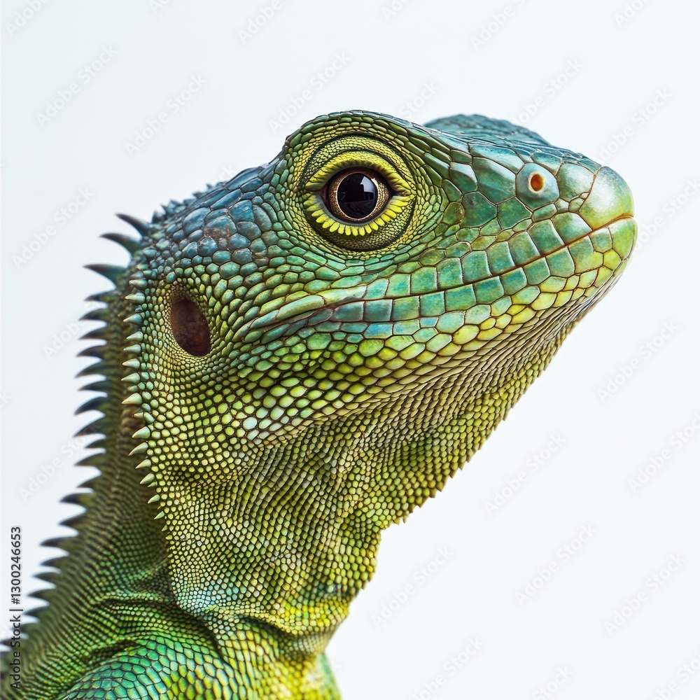 Fototapeta premium Green lizard profile, studio shot, white background, reptile portrait, wildlife photography