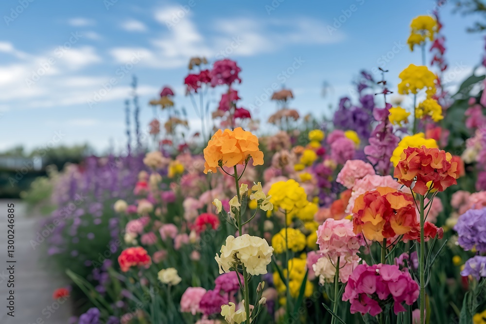 A field of flowers with a sky background A field of flowers with a sky background