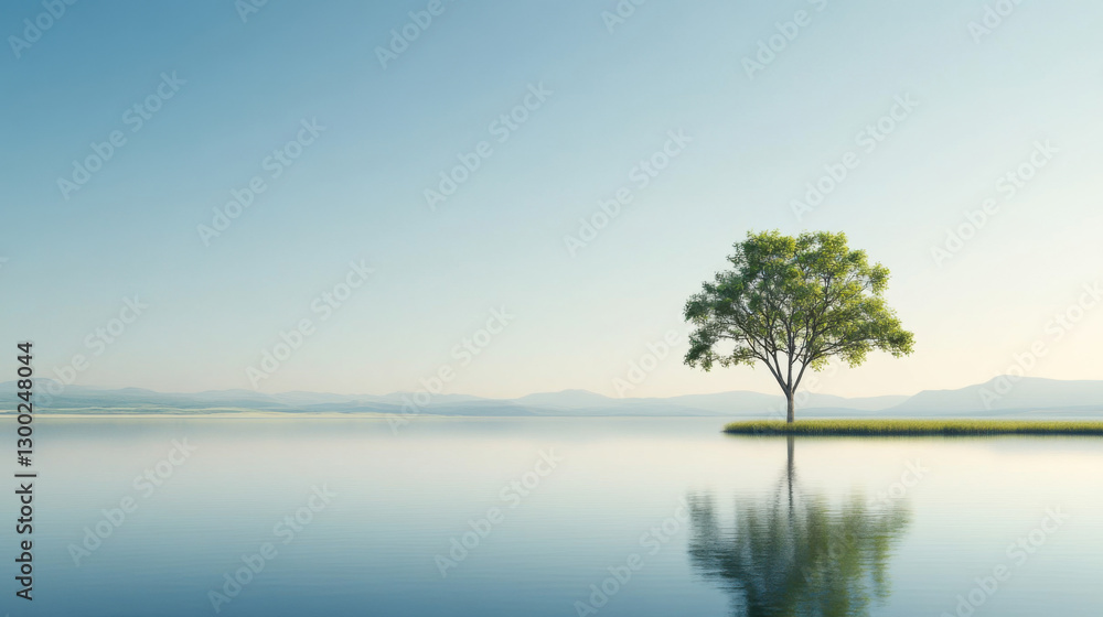 A visually stunning, high-resolution image of a lone tree by a pristine reservoir under a clear blue sky. The soft A visually stunning, high-resolution image of a lone tree by a pristine reservoir under a clear blue sky. The soft