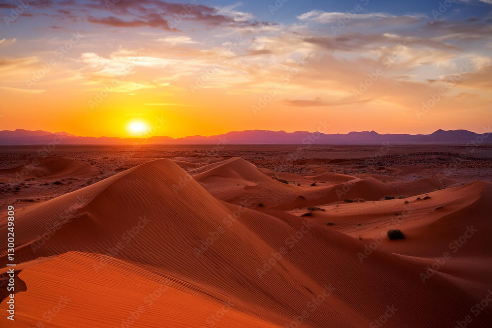 Sunset Over Rolling Sand Dunes with Sparse Vegetation Sunset Over Rolling Sand Dunes with Sparse Vegetation