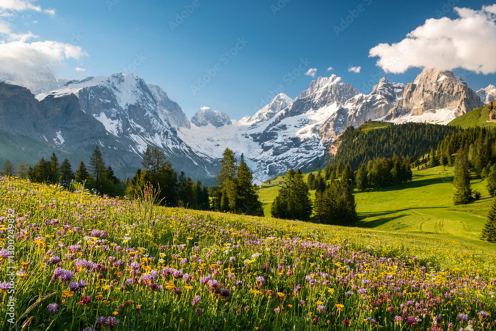 Naklejka premium Vibrant Meadow with Wildflowers and Snow-Capped Mountains