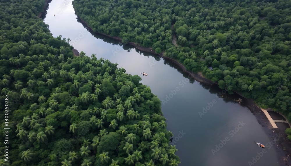 Aerial View of Serene River Winding Through Lush Green Forest Aerial View of Serene River Winding Through Lush Green Forest