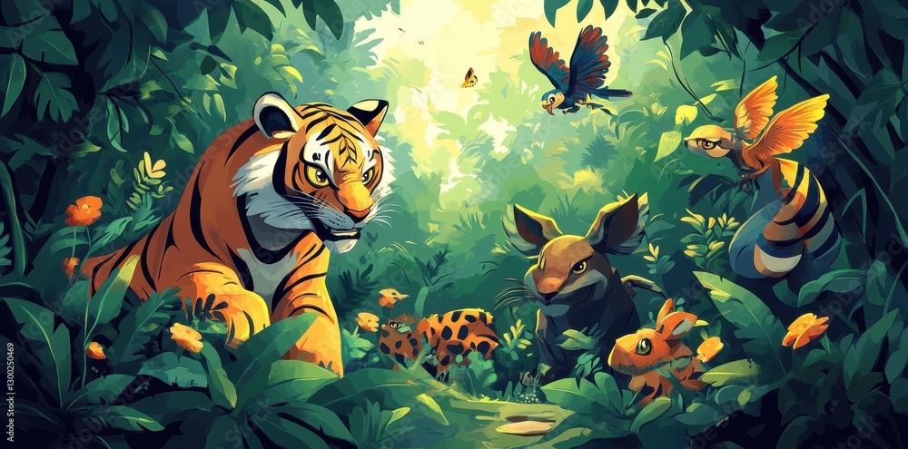 Colorful jungle scene features various animals in a bright habitat Colorful jungle scene features various animals in a bright habitat