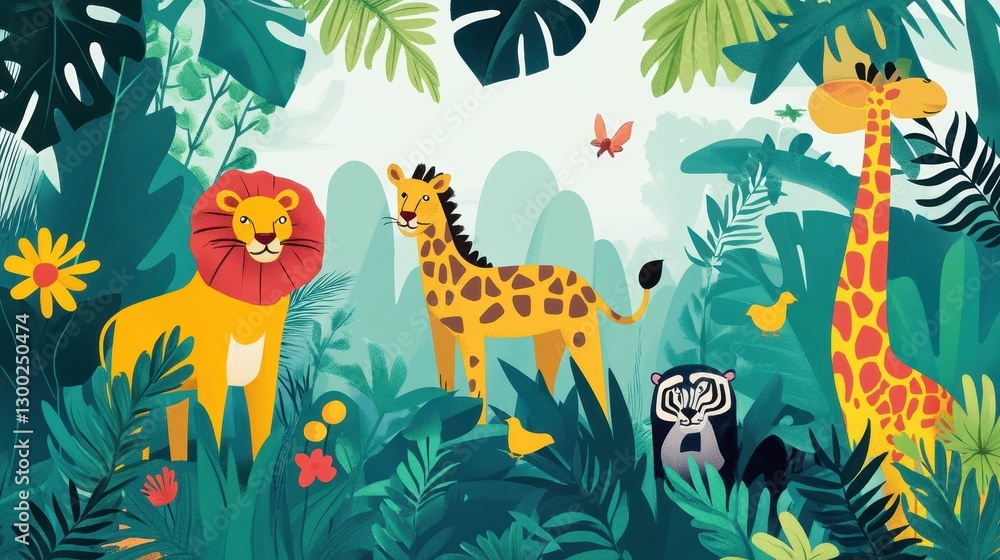 Naklejka premium Cartoon animals are in a lush green and dense jungle environment