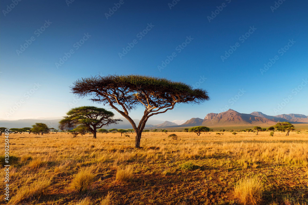 Obraz premium Vast Savanna Landscape with Acacia Trees and Mountain Background