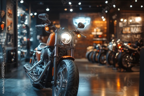 Classic orange motorcycle illuminated in showroom with others.