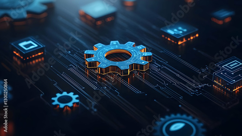 Close Up View of Digital Gear and Circuit Board with Blue and Orange Illumination in Dark Background