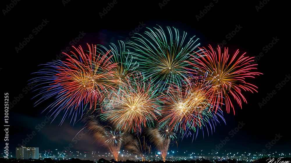 Vibrant Fireworks Display Bursting Across The Dark Night Sky Above City Lights Vibrant Fireworks Display Bursting Across The Dark Night Sky Above City Lights