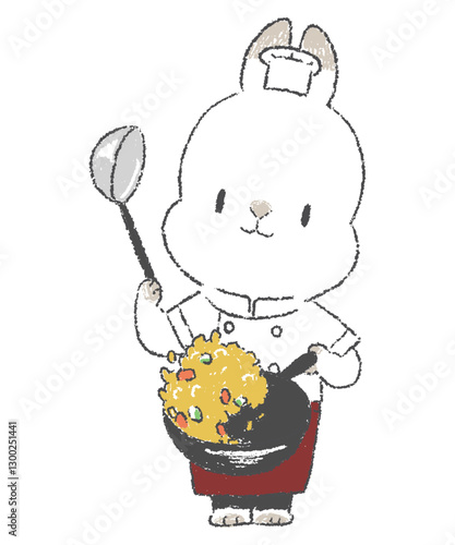 チャーハンを作る中華の料理人のうさぎのキャラクターの手書きイラスト