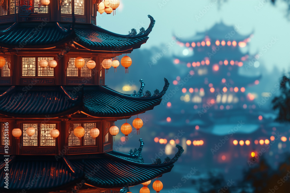 Fototapeta premium Illuminated pagoda with lanterns in misty background