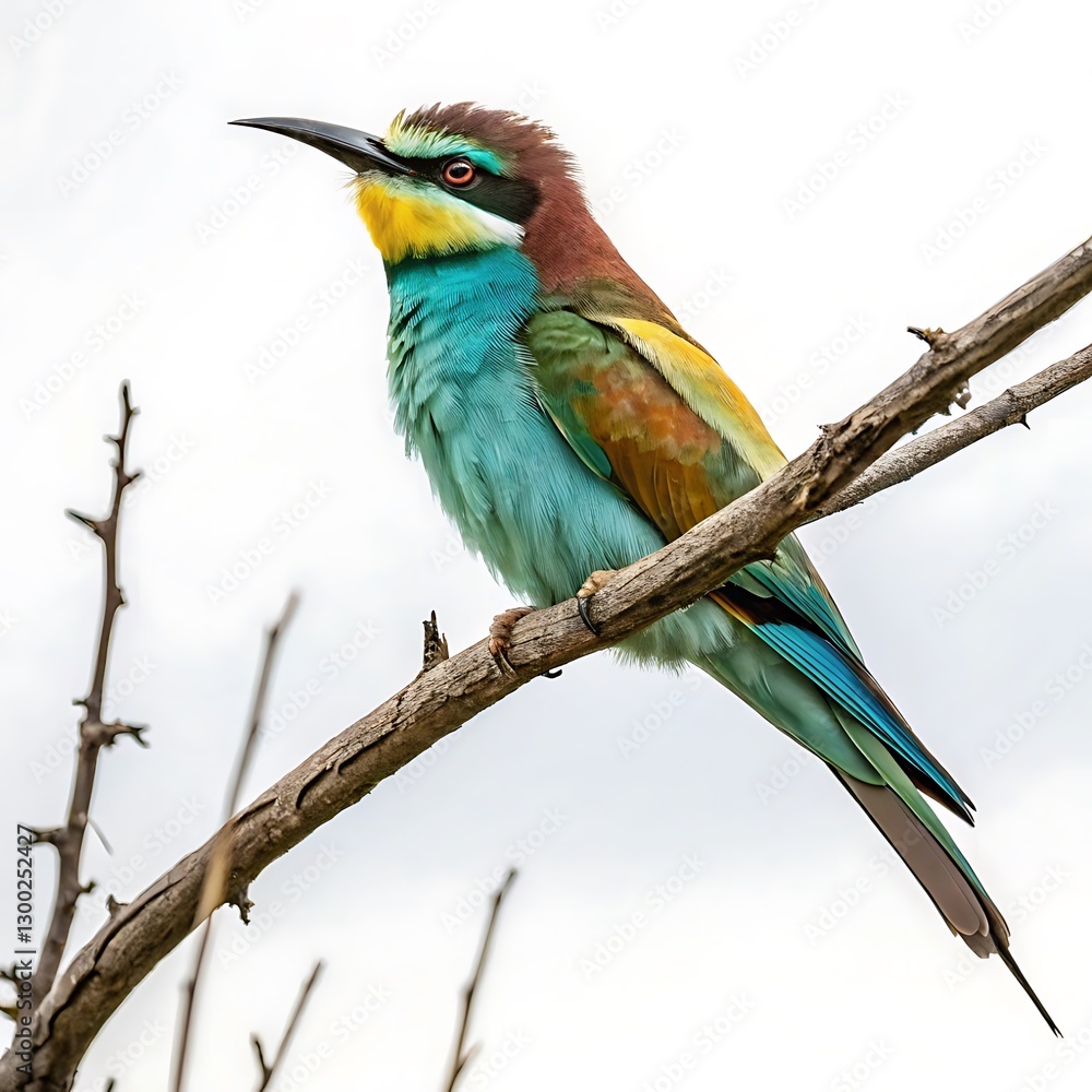 Obraz premium A beautifully detailed shot of a bee eater bird with a colorful display of turquoise and yellow feathers, perched on a branch with a soft backdrop