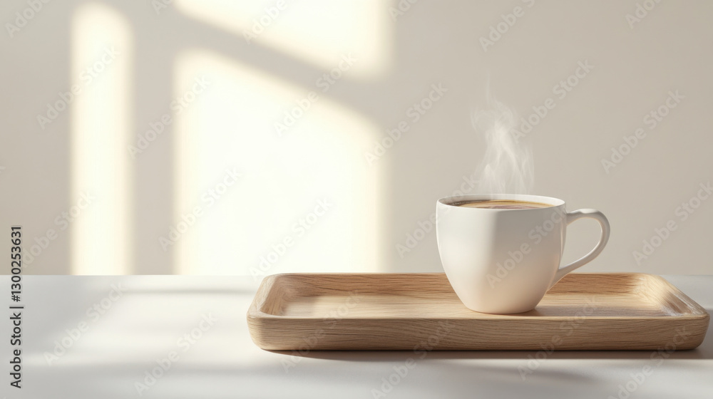 An inviting morning coffee scene with a steaming cup placed on a polished wooden tray An inviting morning coffee scene with a steaming cup placed on a polished wooden tray