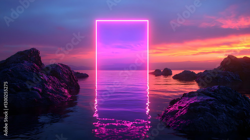 Neon Illuminated Portal Over Reflective Ocean Water With Colorful Sunset Sky