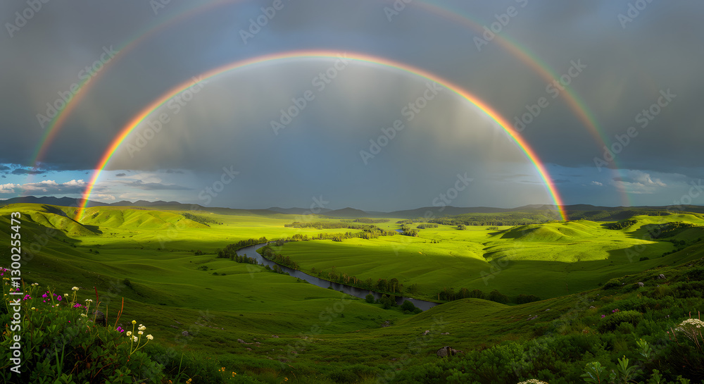 Fototapeta premium rainbow over green field