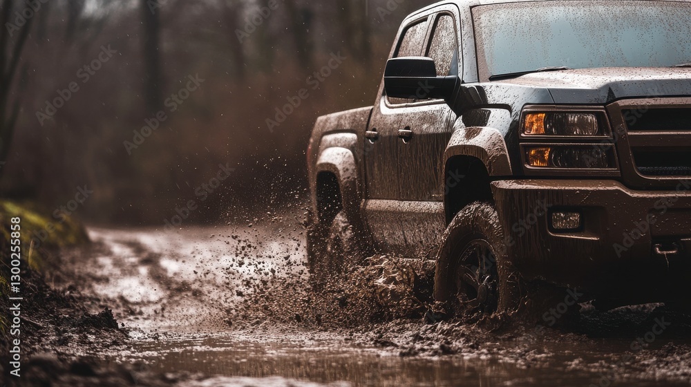 Obraz premium Truck Splashing Through Muddy Trail in Overcast Forest