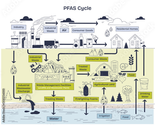 PFAS cycle illustrates contamination flow from industry to environment, highlighting industrial waste, water, and food. Doodle style diagram